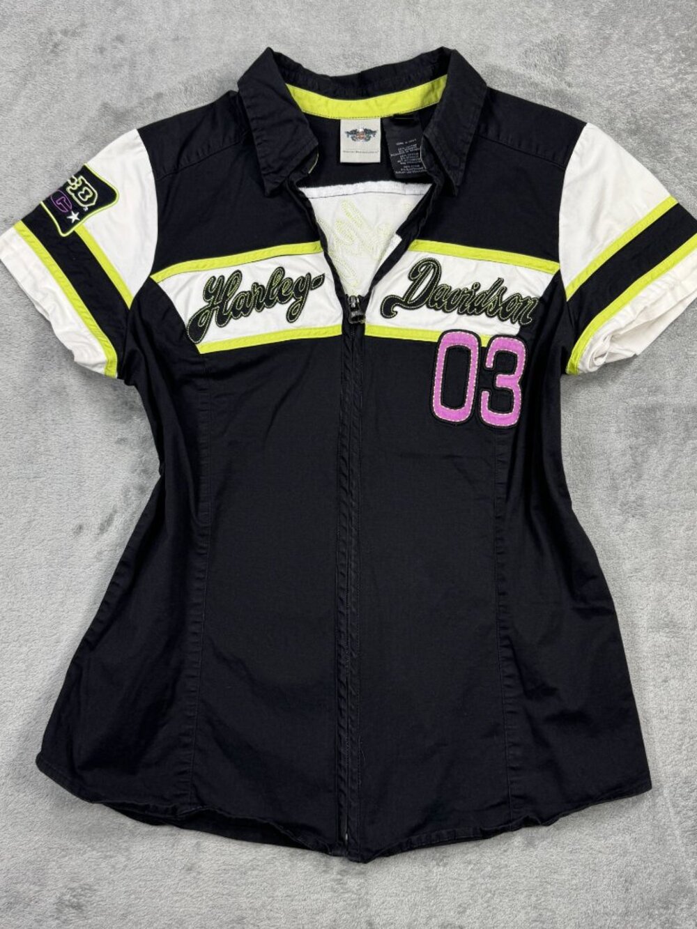 Y2K Harley Davidson Racing Mechanic Zip Shirt Womens L Cyber Moto 2000s Biker